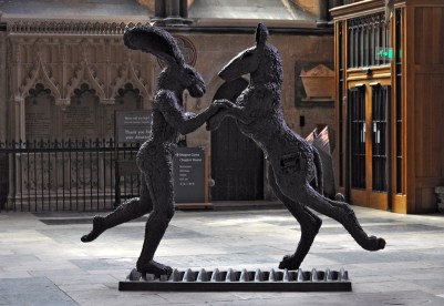 Pink Lady Hare Dancing with Big Brown Dog